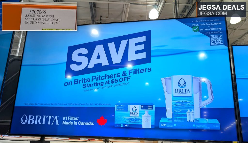 Samsung 65-inch Class 4K UHD Mini-LED TV on display at Costco, priced at $896.99.