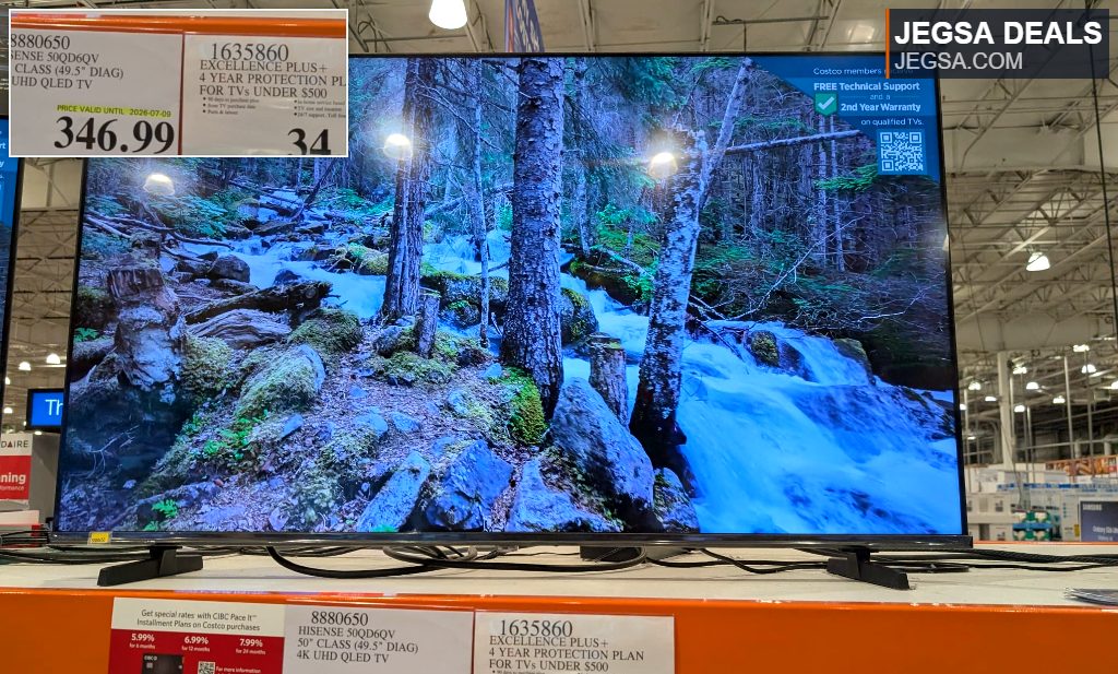 Hisense 50-inch 4K UHD QLED TV (model 50QD6QV) displayed at Costco, priced at $346.99.