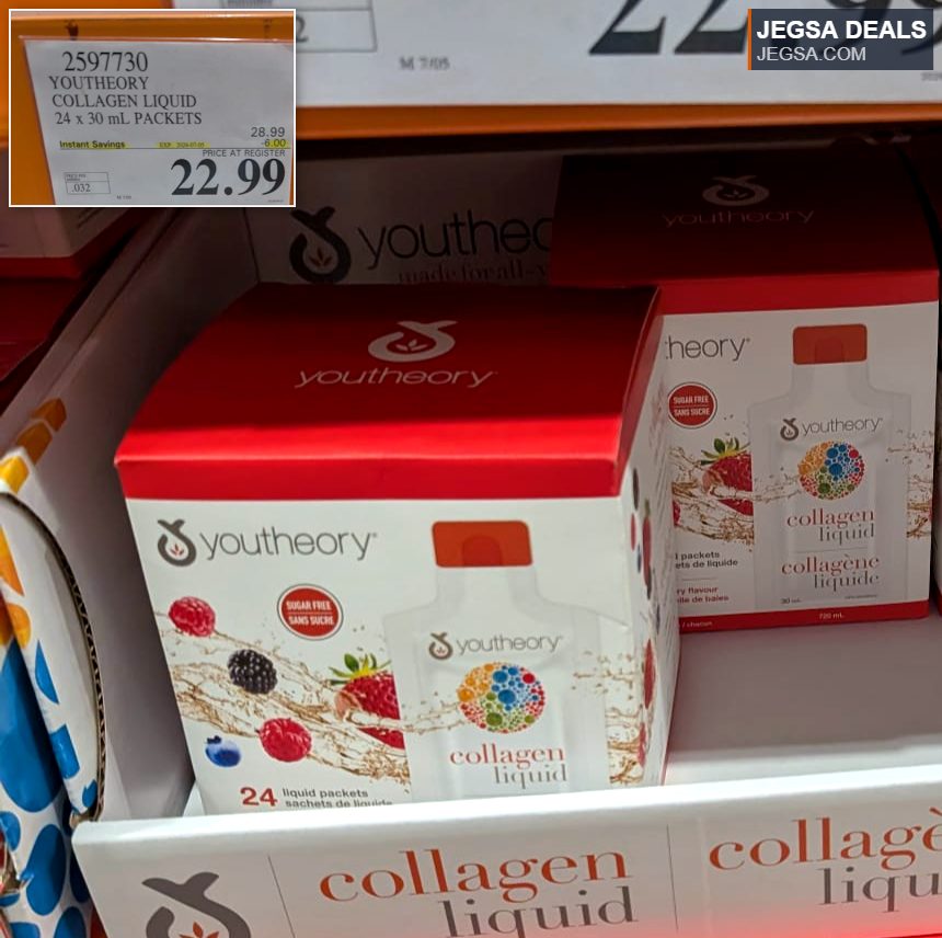 Youtheory Collagen Liquid, 24x30mL packets, sugar-free, 5000mg collagen, priced at $22.99 at Costco for health and wellness.
