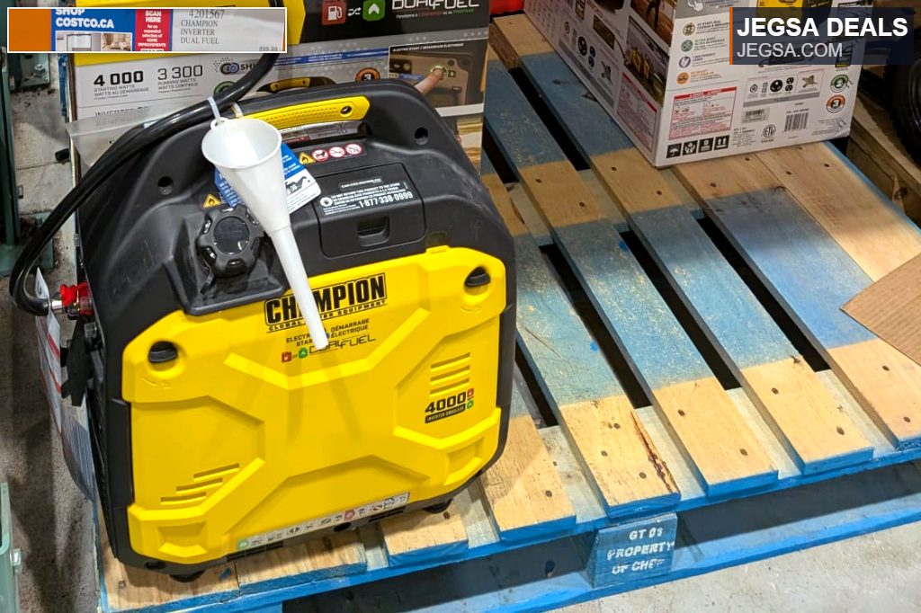 Yellow and black Champion 4000W Inverter Dual Fuel Generator on a pallet at Costco, priced at $699.99.