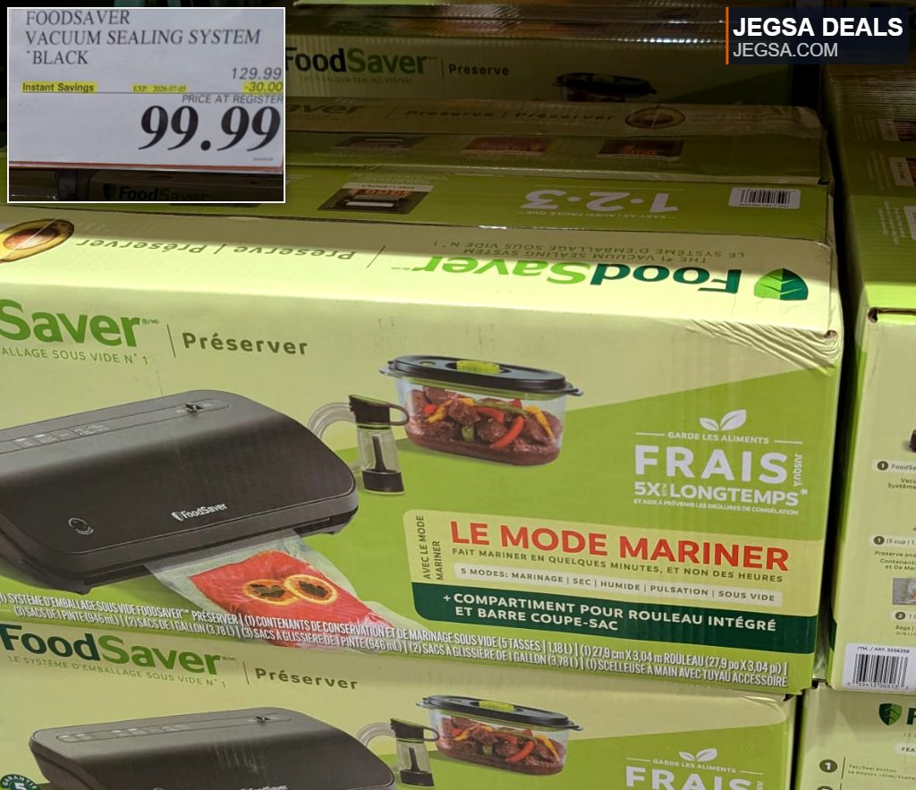 Black FoodSaver Vacuum Sealing System from Costco, ideal for preserving food and preventing freezer burn, priced at $99.99.