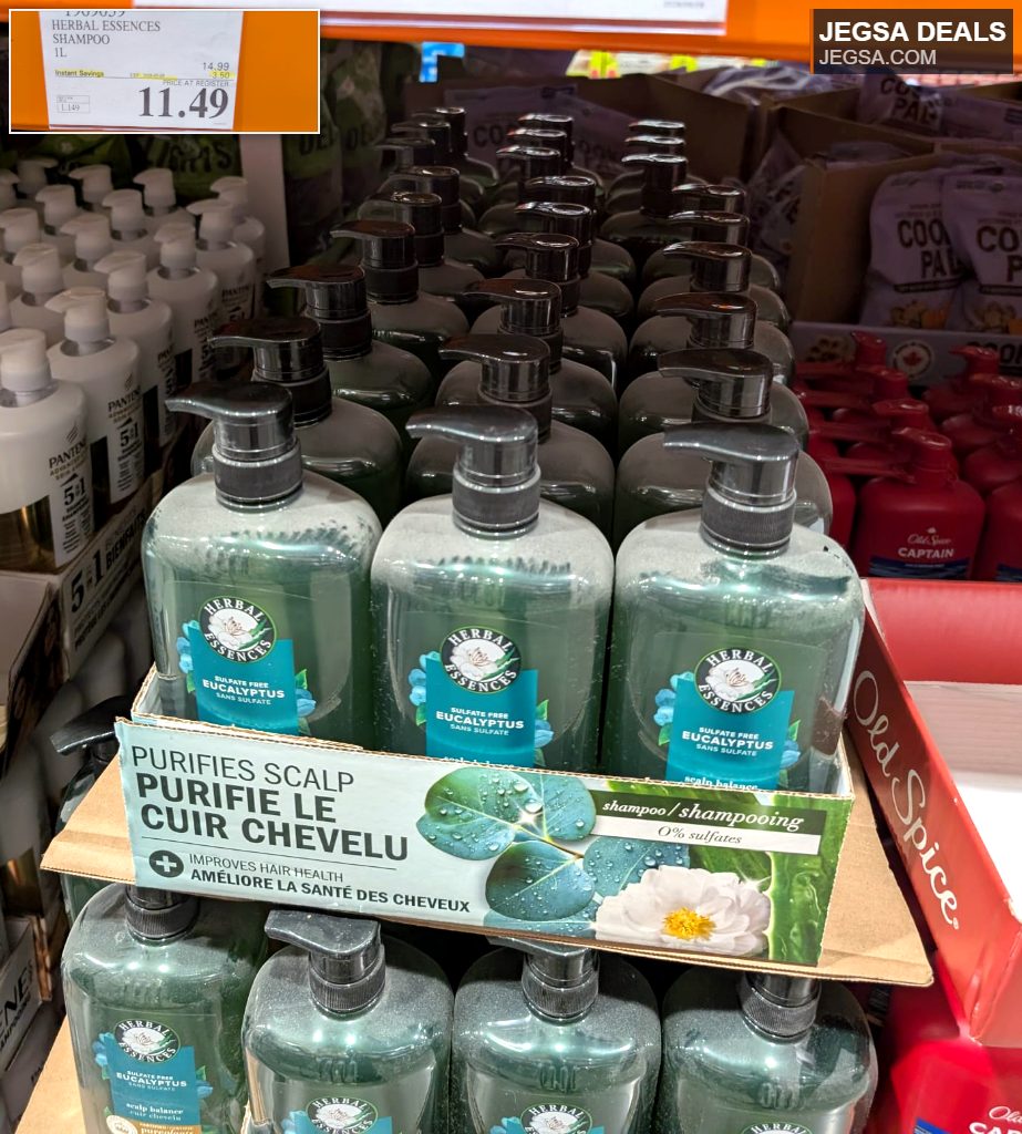 Herbal Essences Eucalyptus Sulfate-Free Shampoo 1L from Costco, purifies scalp for healthy hair.