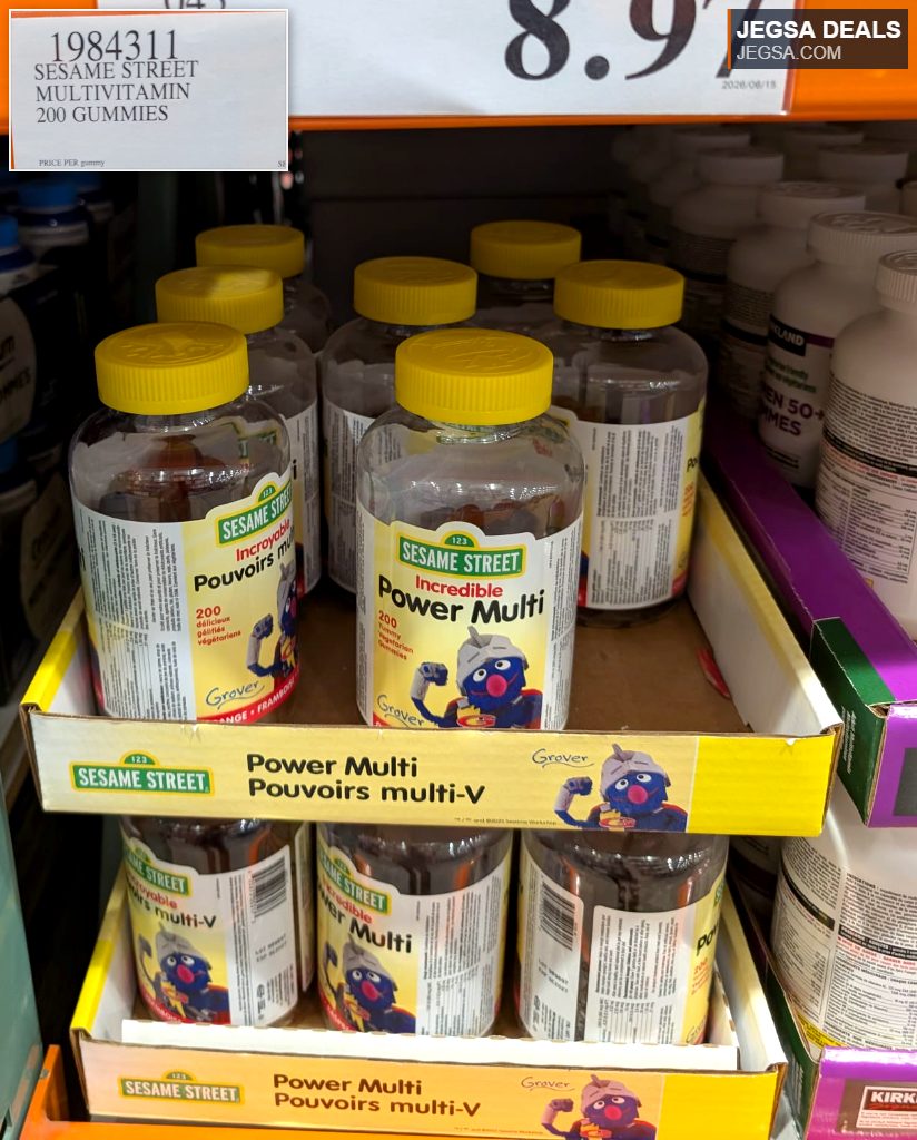 Sesame Street Incredible Power Multi Multivitamin Gummies, 200 count, for kids from Costco, priced at $8.97.