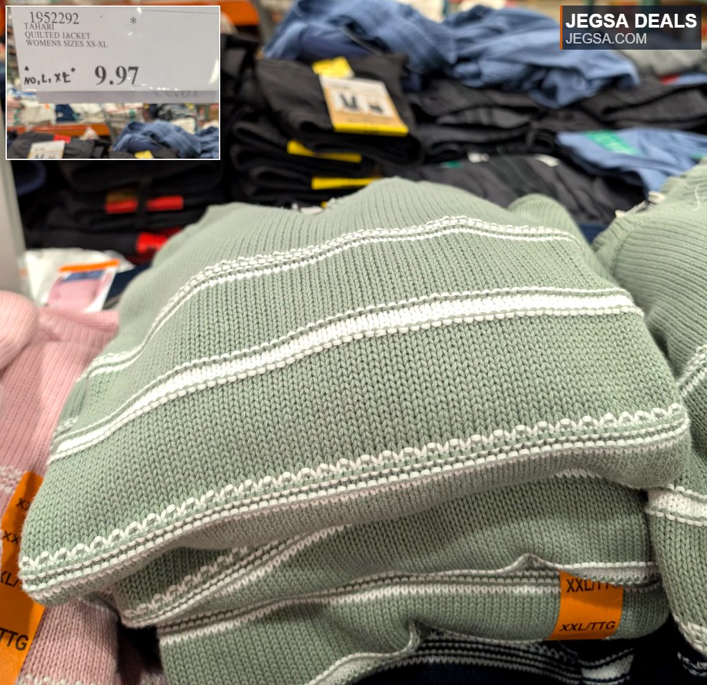 Green and white striped knit long-sleeve top from Costco, ideal for casual wear, estimated around $14.99.