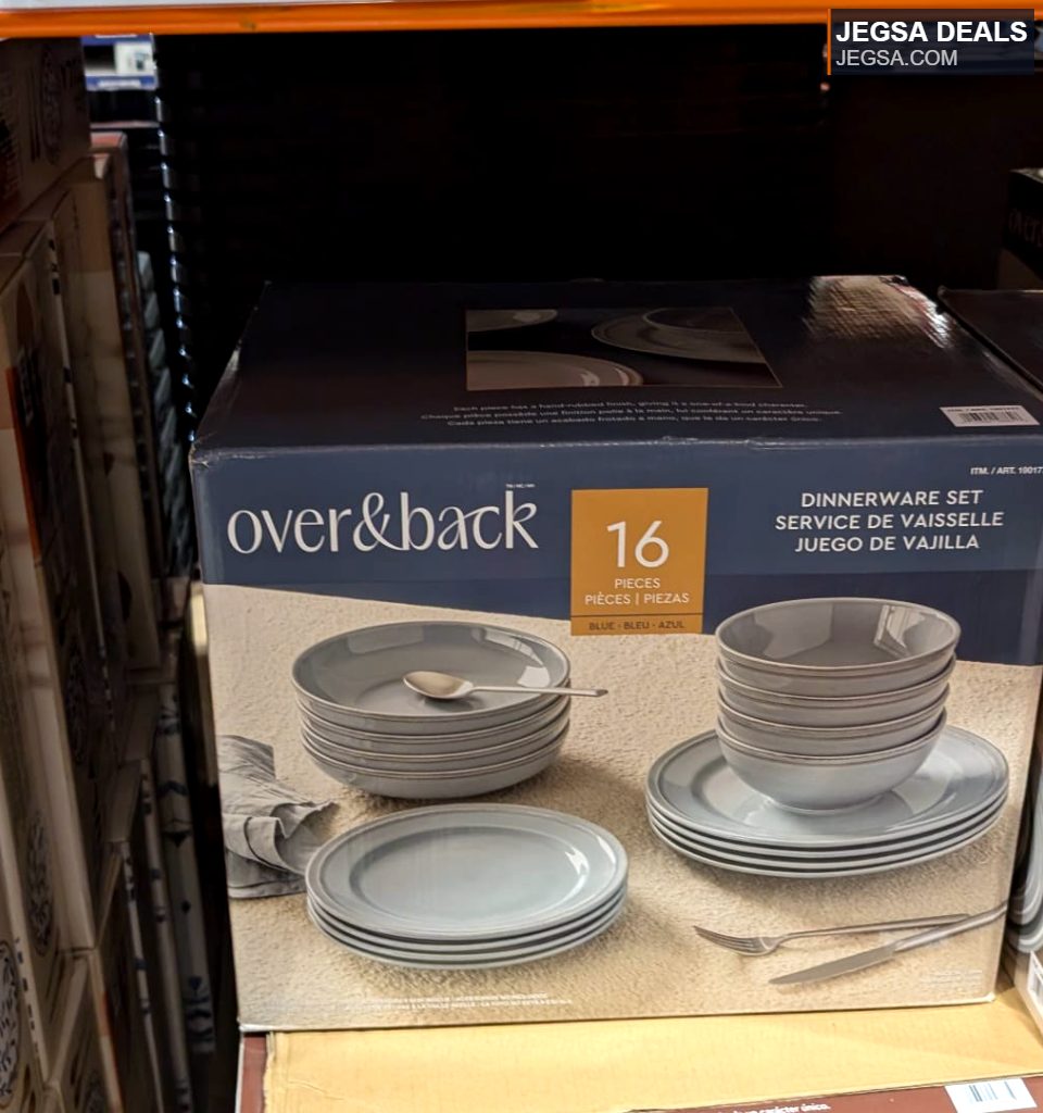 Over&Back 16-piece blue-grey porcelain dinnerware set from Costco, ideal for modern kitchen dining.
