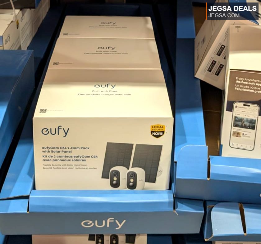 Eufy HD security camera system with solar panels (2-pack) in blue packaging from Costco, priced at $159.99.