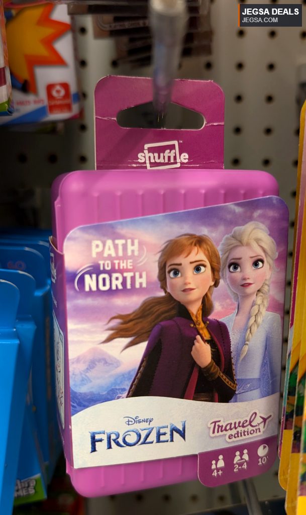Disney Frozen Path to the North Travel Edition card game in purple packaging, featuring Anna and Elsa, ideal for kids 4+.