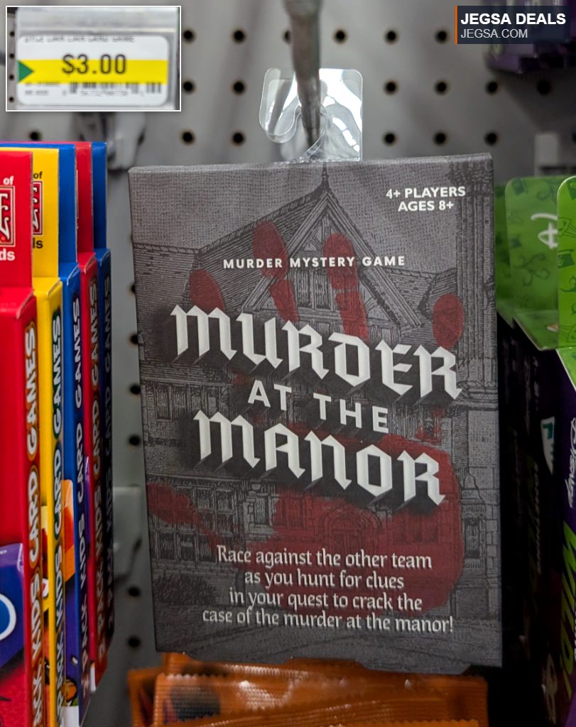Murder at the Manor mystery game featuring a haunted mansion and blood handprints, available at Dollarama for $3.00.