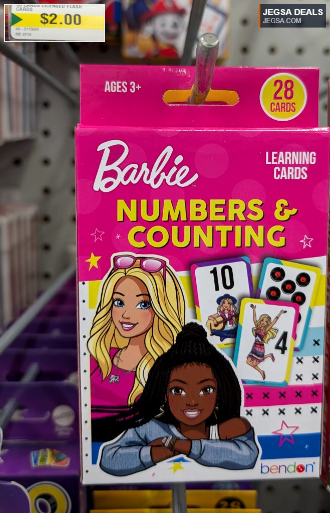 Barbie Numbers & Counting learning flash cards in a pink box, featuring Barbie and diverse characters, priced at $2.00 from Dollarama.