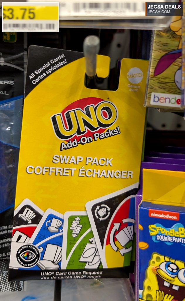 Yellow UNO Add-On Swap Pack card game from Dollarama, priced at $3.75, for family fun and game nights.