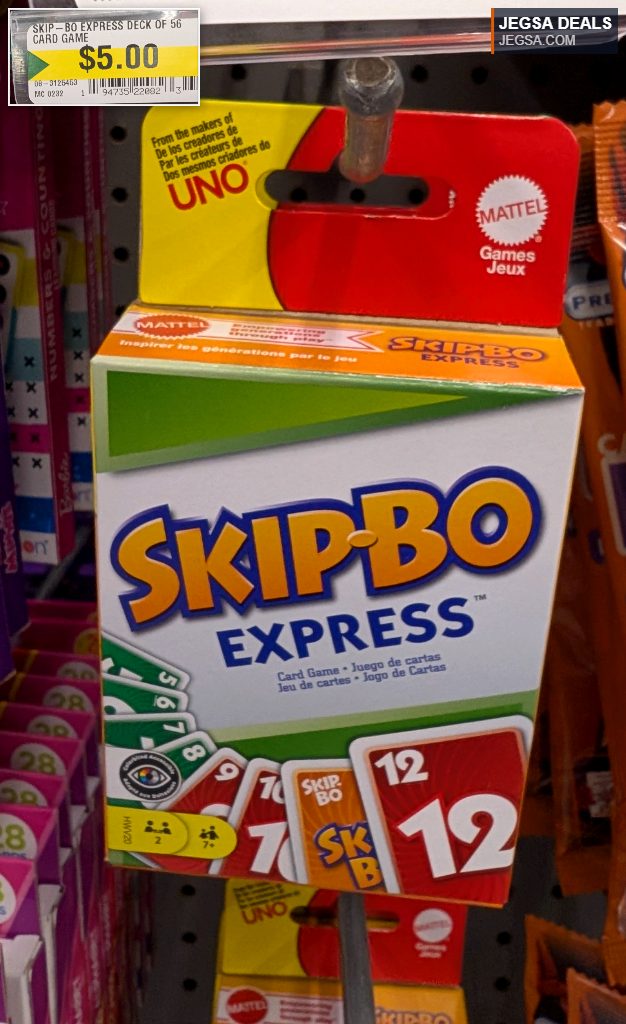 SKIP-BO Express deck of 56 card game by Mattel, a white, green, and orange card game, available for $5.00 at Dollarama.