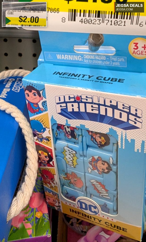DC Super Friends Infinity Cube puzzle toy featuring Justice League characters, a $2 find from Dollarama.