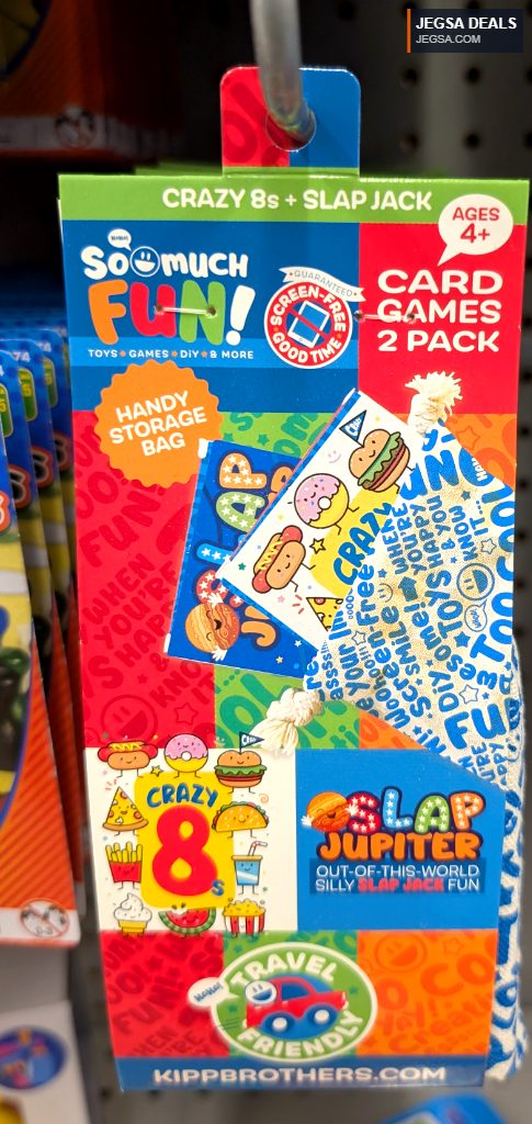 Soo Much Fun! Crazy 8s and Slap Jack 2-pack card games, travel-friendly, from Dollarama for ages 4+.