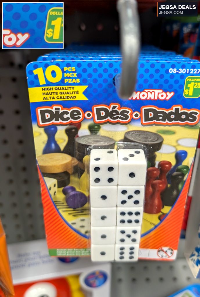 10-piece white dice set for family games from Dollarama, priced at $1.25.