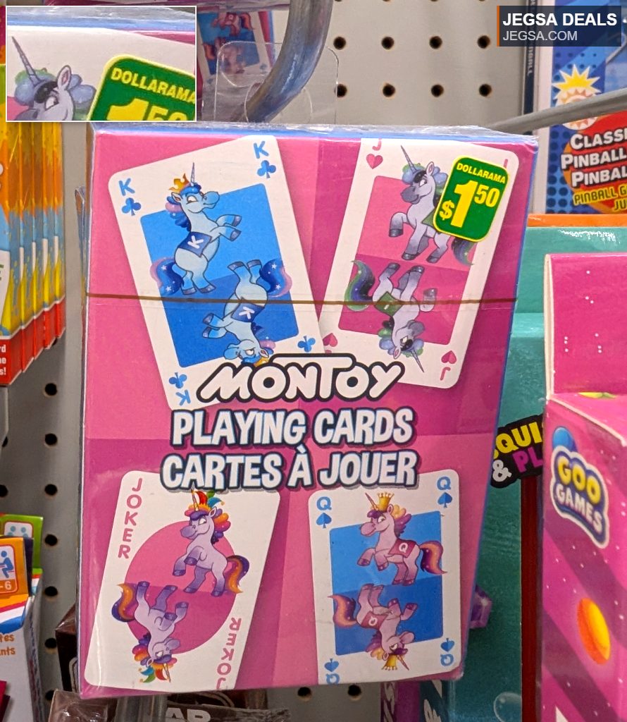 Montoy unicorn-themed playing cards from Dollarama, perfect for children's games and party entertainment, priced at $1.50.