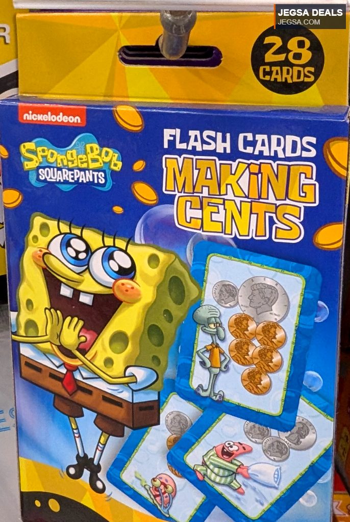 SpongeBob SquarePants 'Making Cents' educational flash cards from Dollarama, featuring 28 cards for kids, priced at $2.00.