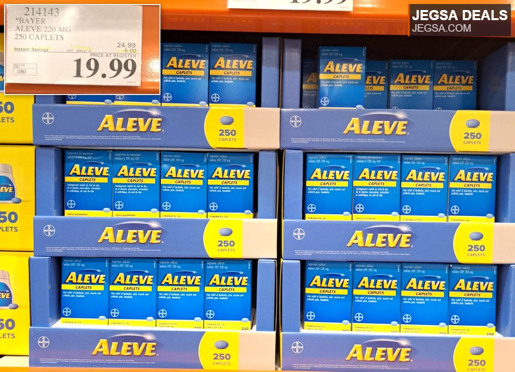 Aleve 220 mg naproxen sodium caplets, 250 count, for pain relief from Costco, priced at $19.99.