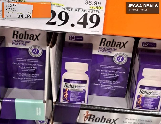Robax Platinum 102 Caplets for fast, effective back and muscle pain relief, available at Costco for $29.49.