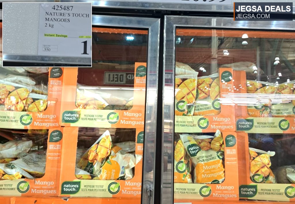 Nature's Touch 2kg bags of pesticide-tested frozen mango chunks from Costco, priced at $10.99 for a healthy snack.