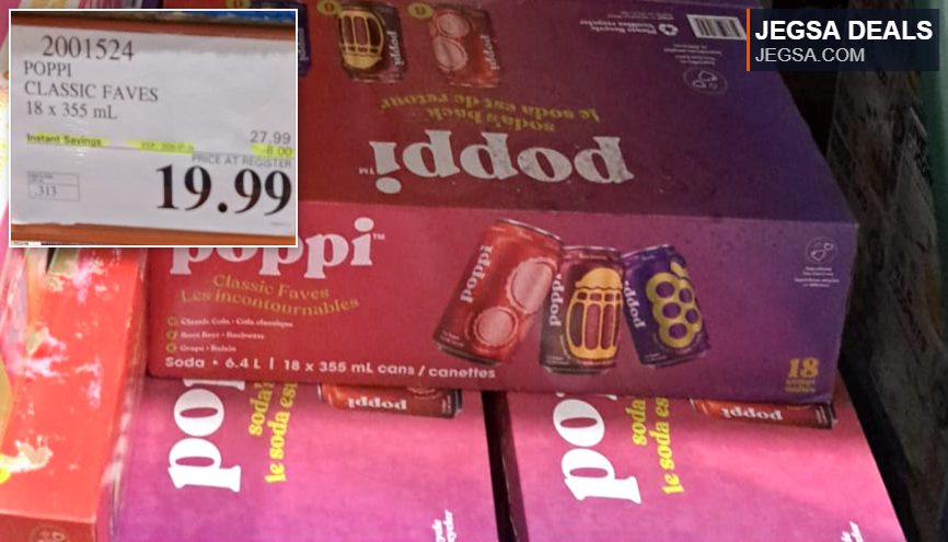 Poppi Classic Faves 18 x 355mL soda variety pack from Costco, priced at $19.99, offering a refreshing beverage selection.