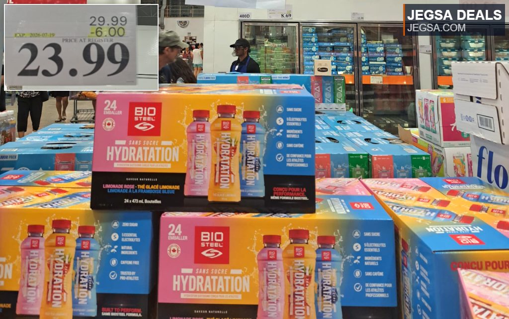BioSteel Hydration Sports Drink 24-pack, zero sugar with essential electrolytes, in pink lemonade and blue raspberry flavors from Costco, $23.99.