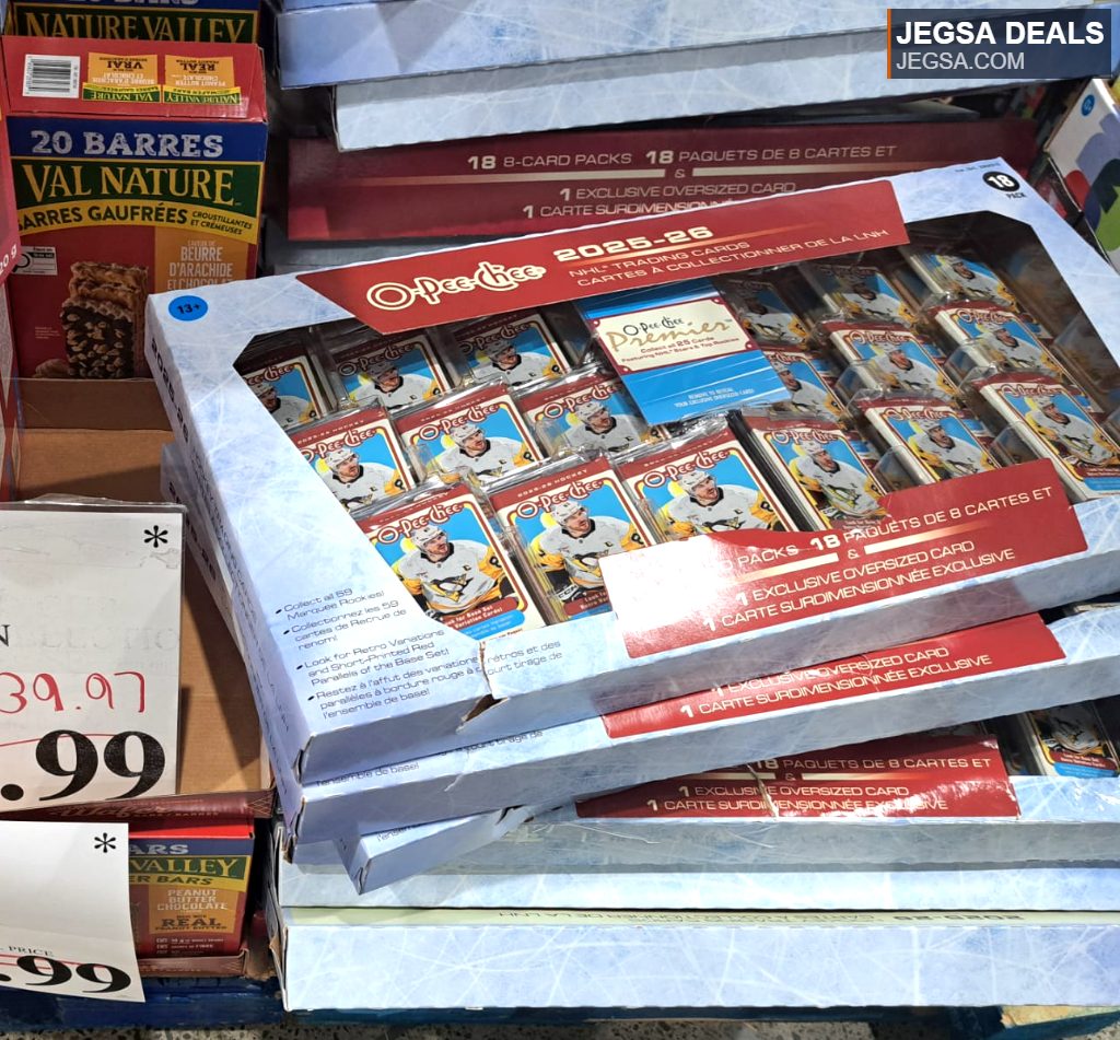 O-Pee-Chee 2026-26 NHL Trading Cards box with 18 packs and an exclusive oversized card, ideal for collectors at Costco.