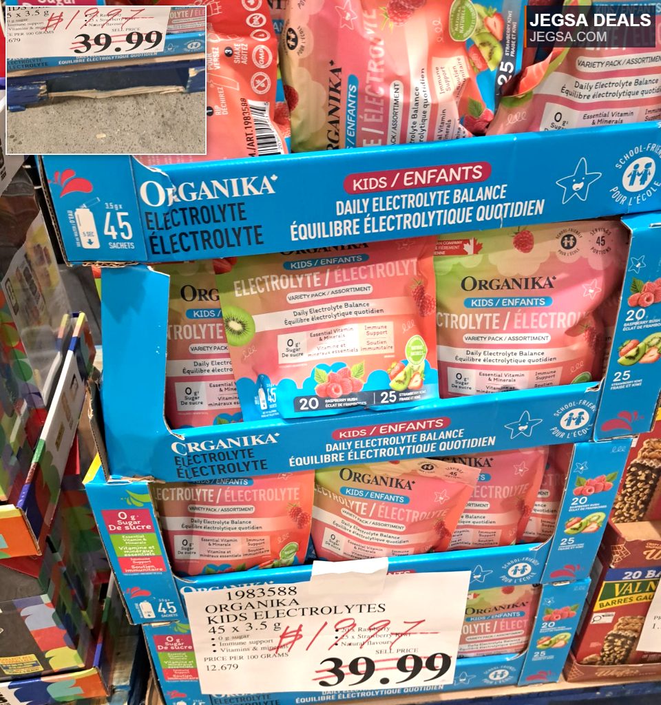 Organika Kids Electrolyte Daily Electrolyte Balance variety pack, 45 sachets with essential vitamins and minerals, 0g sugar, from Costco for $39.99.