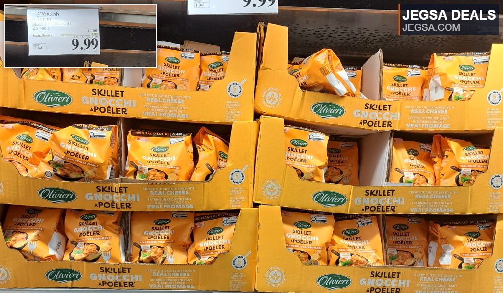 Olivieri Skillet Gnocchi with real cheese in a 2-pack, displayed at Costco for $9.99, ready for skillet preparation.