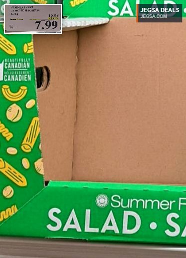Summer Fresh 4 Cheese Macaroni 1.4kg container with a green lid, offering a rich and creamy flavor from Costco for $7.99.