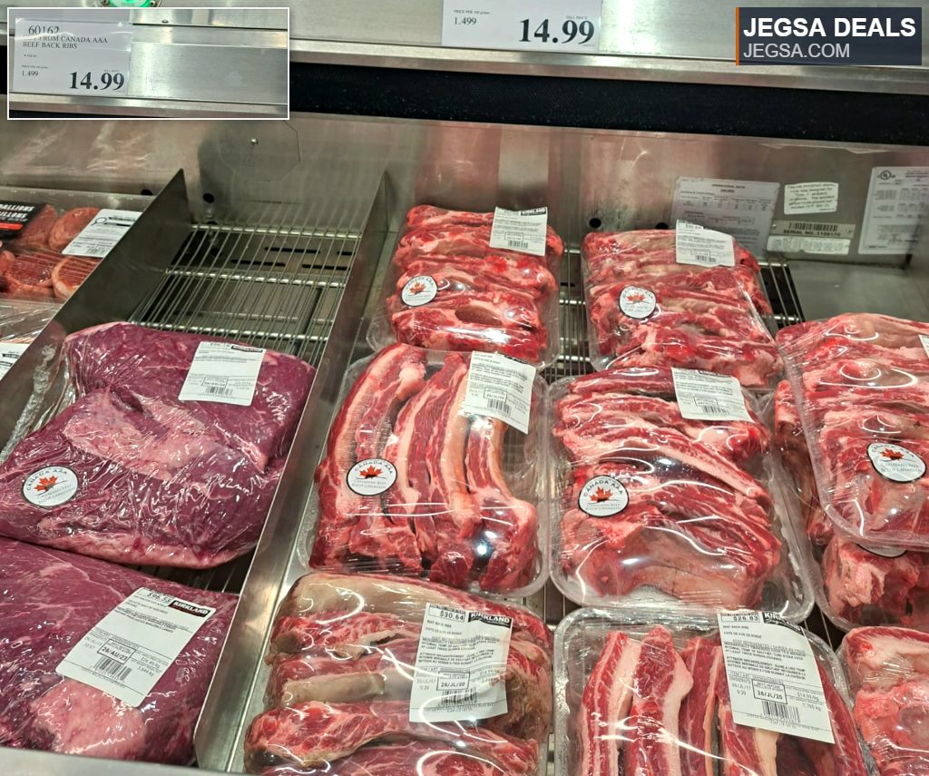 Canadian AAA Beef Back Ribs in vacuum-sealed packages from Costco, priced at $14.99 per kilogram.
