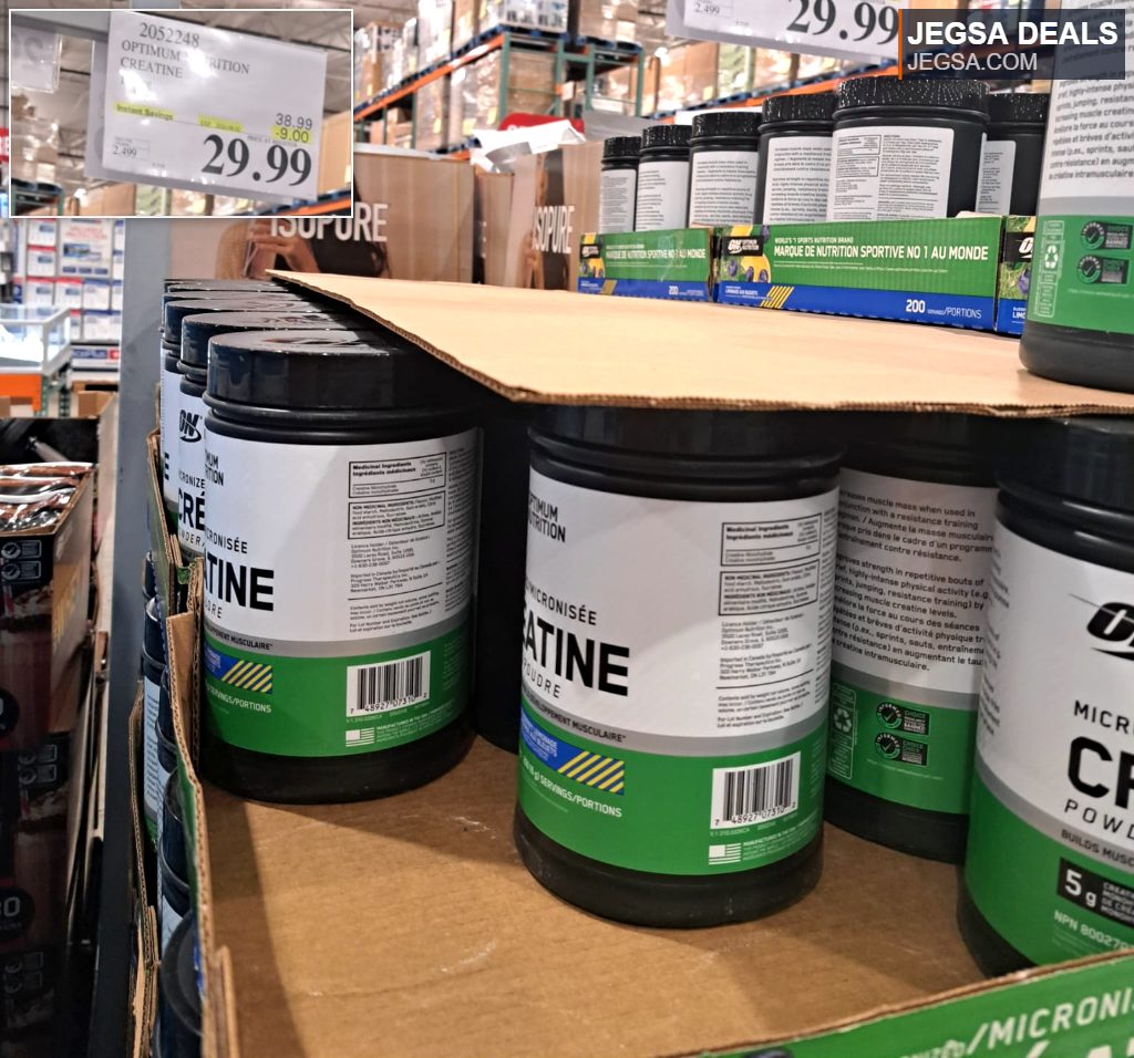 Optimum Creatine Monohydrate powder sold in bulk at Costco for $29.99, an essential supplement for muscle support.