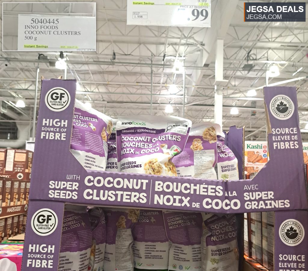 Inno Foods Coconut Clusters with Super Seeds, 500g, gluten-free snack from Costco for $7.99.
