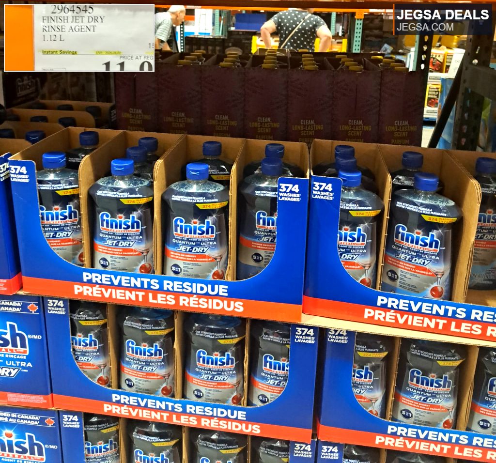 Finish Jet Dry Rinse Agent 1.12L from Costco, a dishwashing aid for sparkling, residue-free dishes, priced at $11.99.