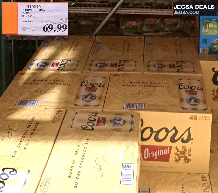 Coors Original beer in a 48 x 355 mL can pack, seen on display at Costco for $69.99.