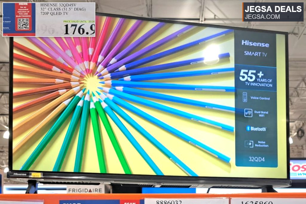 Hisense 32-inch 720p QLED Smart TV from Costco, offering vibrant visuals and smart features for $176.99.