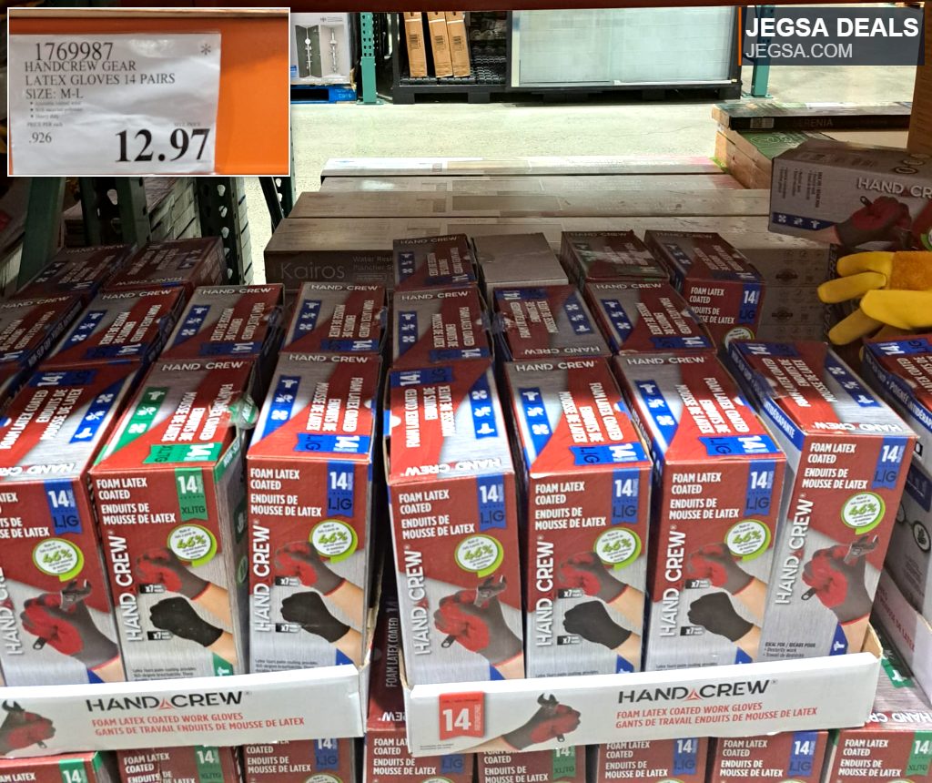 Handcrew foam latex coated work gloves, 14 pairs, size M-L, from Costco for $12.97, ideal for various tasks.