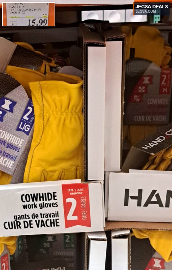 Hand Crew cowhide leather work gloves, 2 pairs, in yellow, ideal for various tasks, available at Costco.