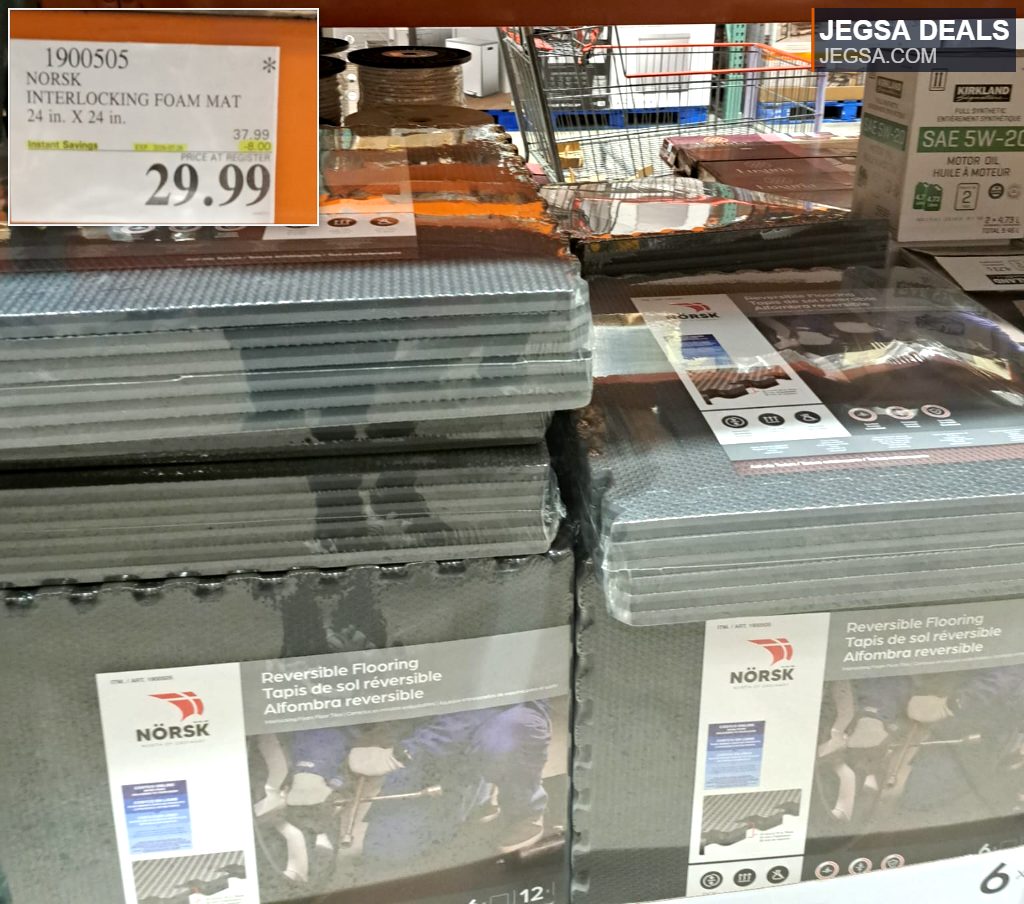 Norsk 24x24 inch grey interlocking foam mats from Costco, ideal for workshops or home gyms, priced at $29.99.