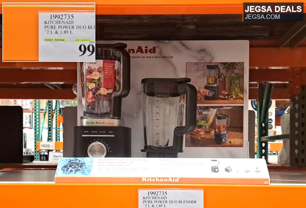 Black KitchenAid Pure Power Duo Blender from Costco for $99.99, featuring two jars for versatile blending.