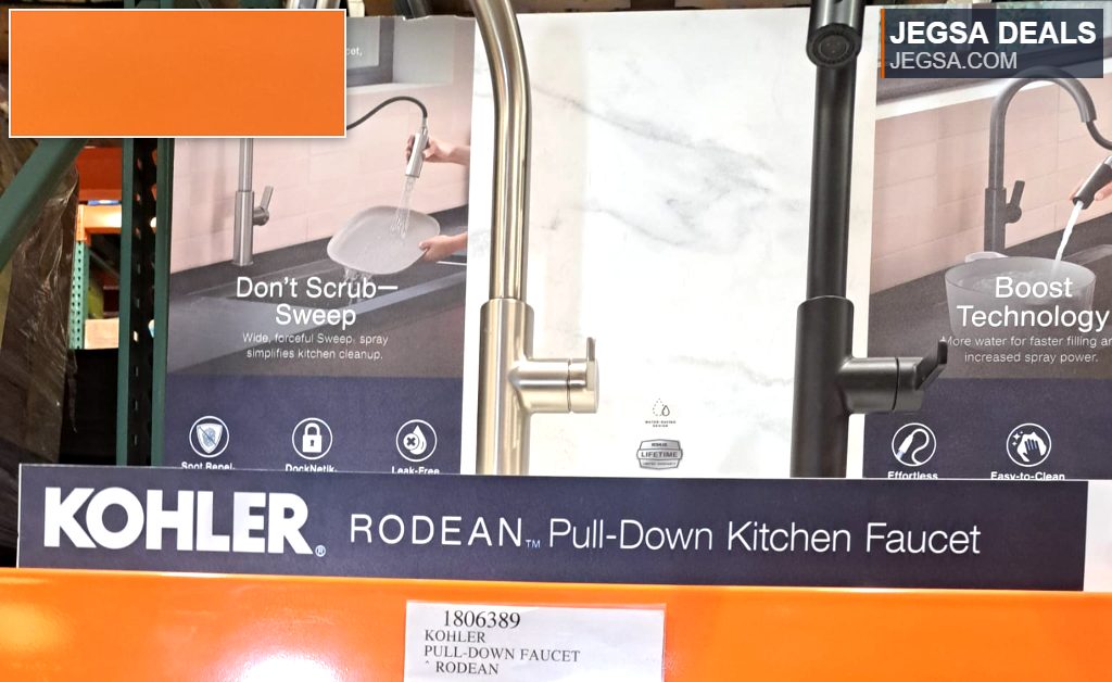 Kohler Rodean pull-down kitchen faucet, silver and black finish, from Costco for $174.99, featuring powerful spray.