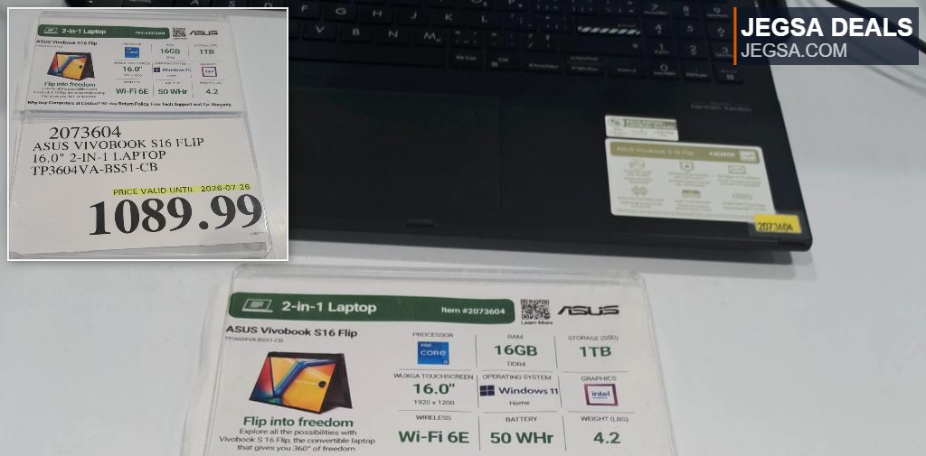 Black ASUS Vivobook S16 Flip 2-in-1 laptop with 16-inch screen, 16GB RAM, and 1TB SSD from Costco.