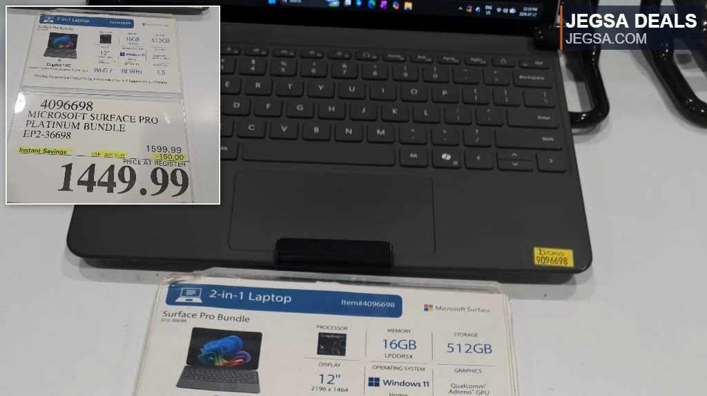 Microsoft Surface Pro Platinum Bundle 2-in-1 laptop with 16GB RAM and 512GB storage from Costco, priced at $1449.99.