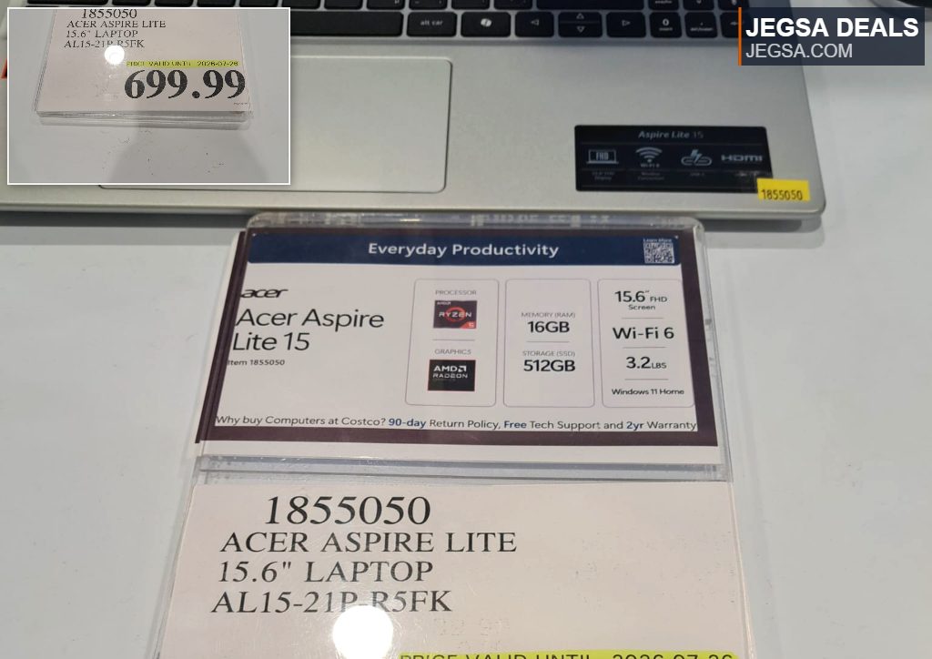 Acer Aspire Lite 15 laptop (silver/grey) with AMD Ryzen, 16GB RAM, 512GB SSD, Windows 11 Home from Costco for $699.99.