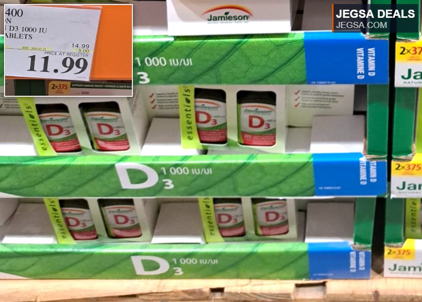 Jamieson Vitamin D3 1000 IU supplements, 2x375 tablets, available at Costco for $11.99, supporting immune health.