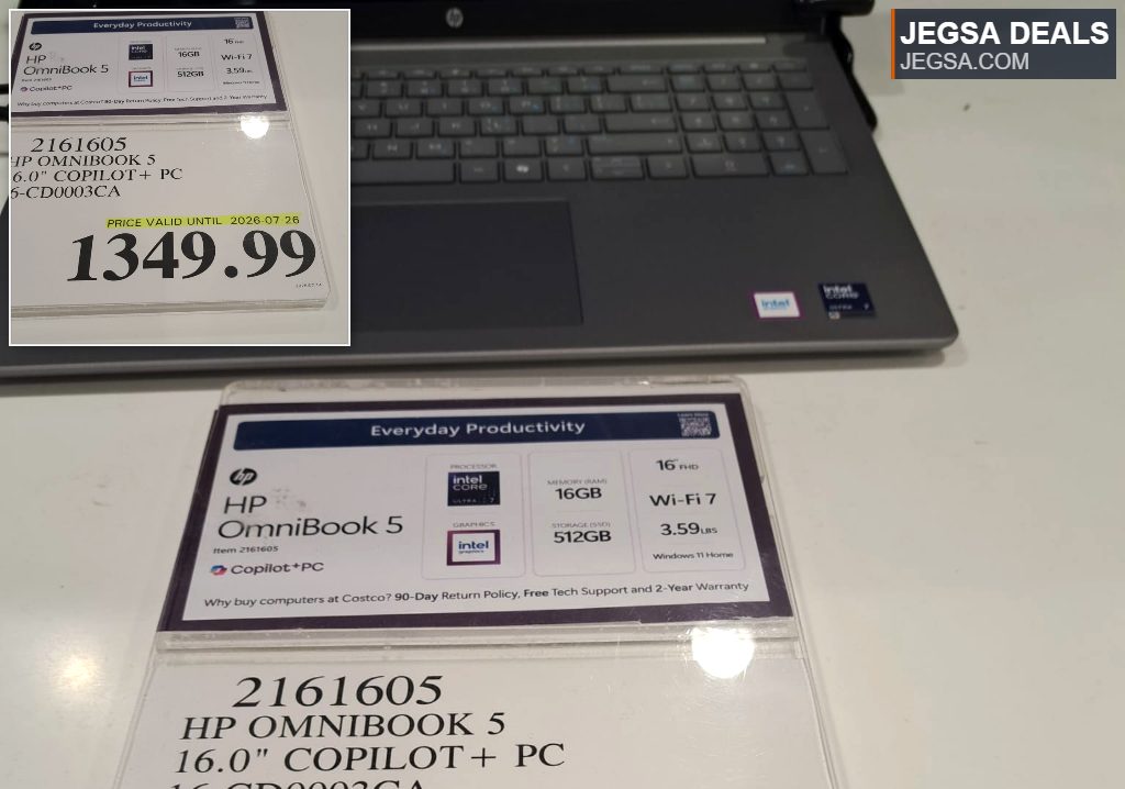 HP OmniBook 5 16.0" Copilot+ PC laptop from Costco, featuring Intel Core Ultra 7 and Windows 11 Home for $1349.99.
