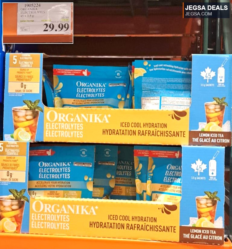 Organika Electrolytes Lemon Iced Tea drink mix, 45 sachets with prebiotic fiber for hydration, from Costco for $29.99.