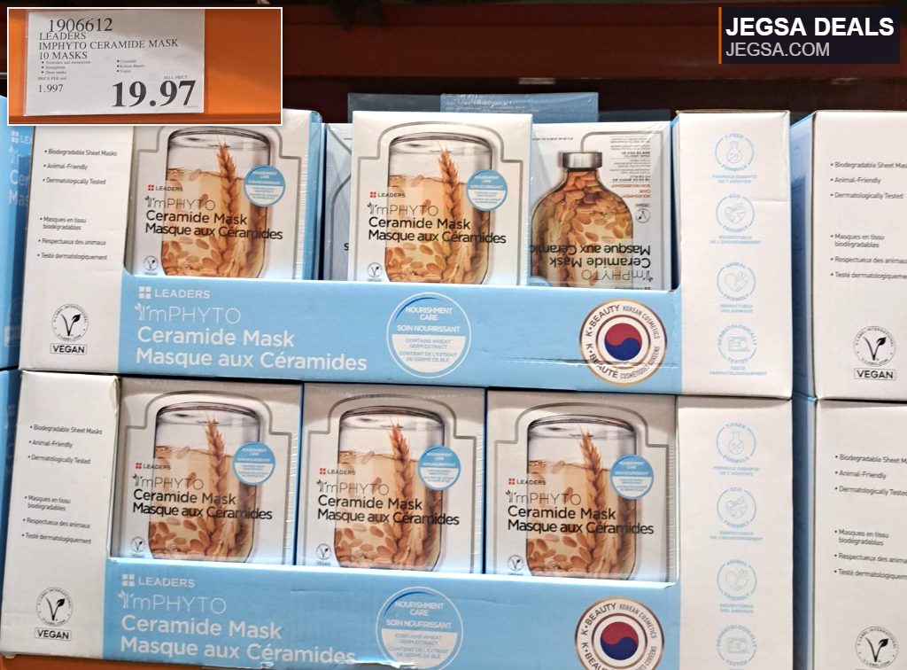 Leaders I'mPHYTO Ceramide Mask 10-pack from Costco, $19.97, for nourishing and moisturizing skincare.