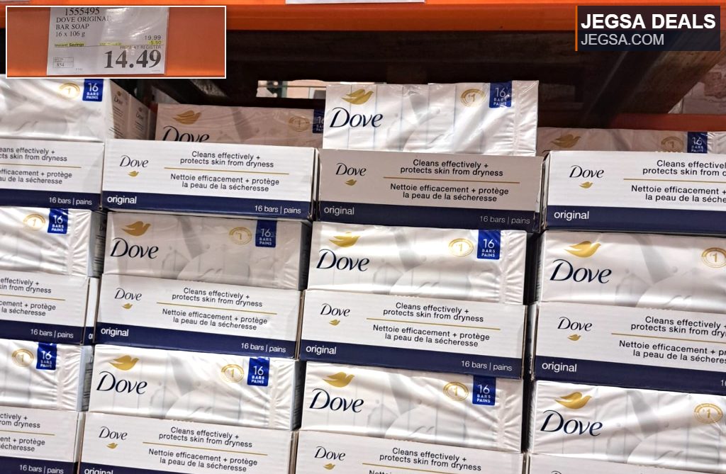 Bulk pack of 16 white Dove Original bar soaps, offering effective cleansing and skin protection from dryness, available at Costco for $14.49.