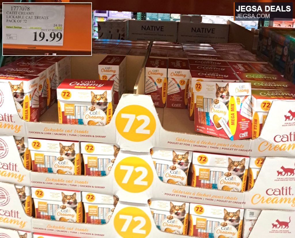 Catit Creamy lickable cat treats, a pack of 72 in various flavors, from Costco for $19.99, perfect for pampering your pet.