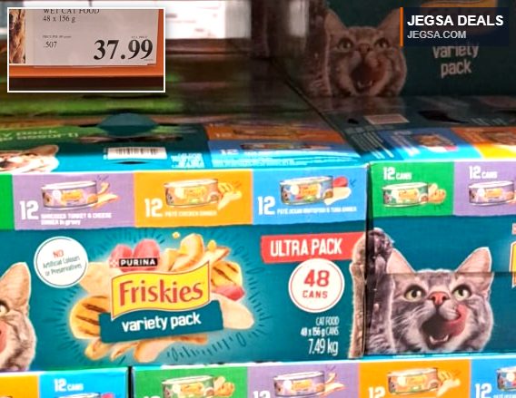 Purina Friskies Ultra Pack wet cat food variety pack with 48 cans, sold at Costco for $37.99.